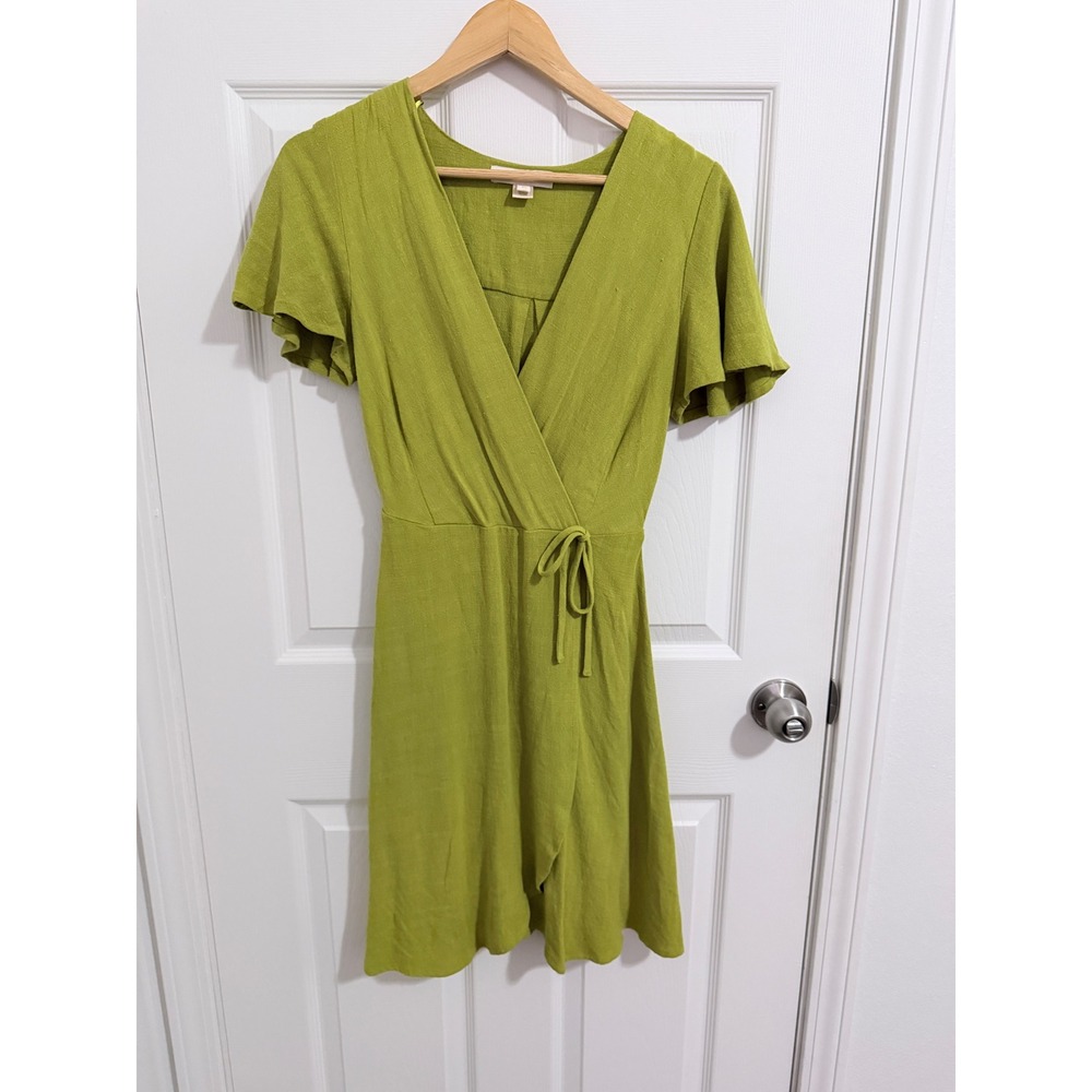 Monteau Los Angeles Chartreuse Mock Wrap Dress Green Short Flutter Sleeve XS